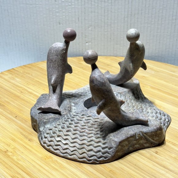 🕯️ Carved Soapstone (3) Dolphin's Candle Holder Sculpture Decor - Picture 2 of 12